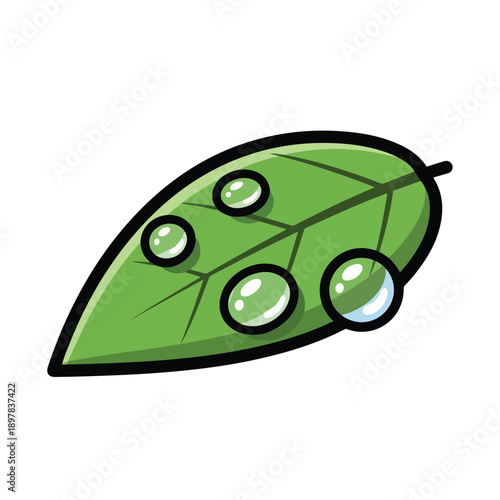 A cartoon leaf with dew drops on its surface, illustrated in a simple style, showcasing nature's serenity from a direct viewpoint.