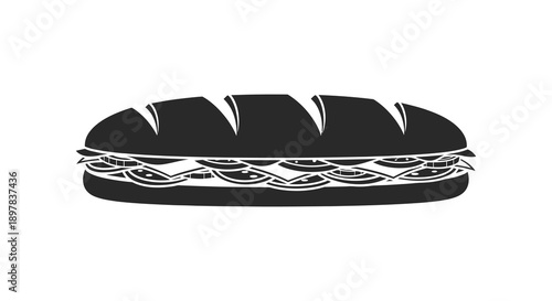 A minimalist black and white illustration depicts a long sandwich likely a banh mi with visible fillings high quality professional