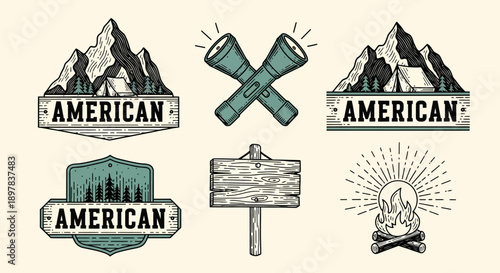 Vintage American Camping and Outdoor Badges Set. Retro Vector Icons of Mountains, Campfire, Flashlights, Forest, and Wooden Sign.