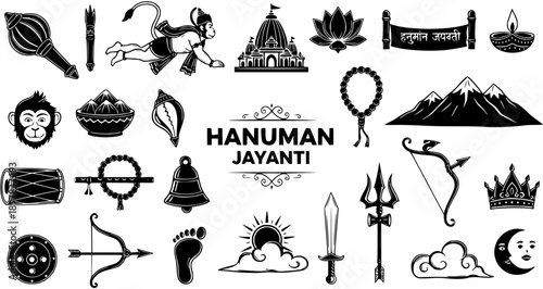 Hanuman Jayanti Symbols Black and White Line Art Vector - Hindu festival icons