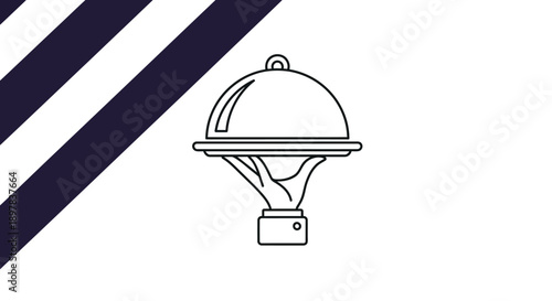 Waiter Hand Serving Platter Cloche Icon. Premium Food Service Line Art, Catering, Gourmet Restaurant Outline Symbol.