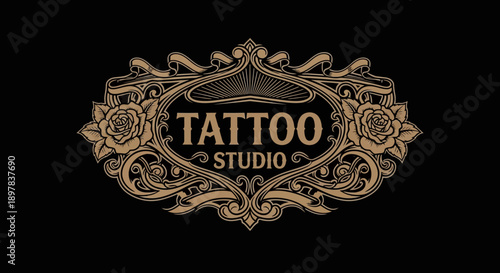 Elegant Tattoo Studio Logo Vector: Vintage Gold Frame, Roses, and Ornate Baroque Scrollwork on Black Background.