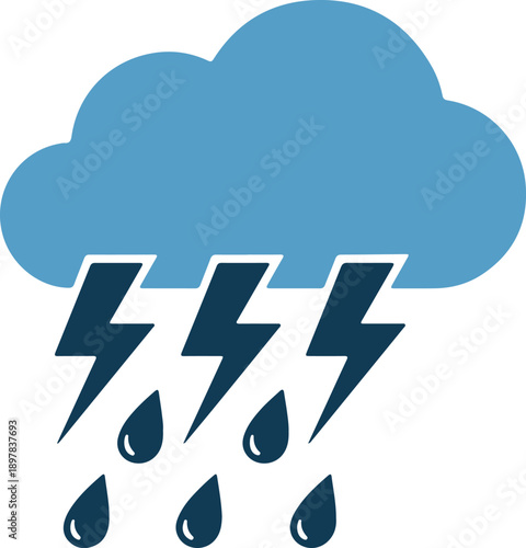 A blue cloud with lightning bolts and raindrops