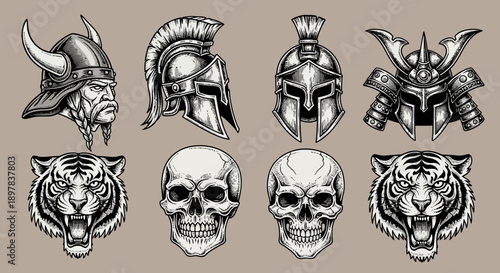 Vintage Engraving Warrior Set: Viking, Spartan, Samurai Helmets, Roaring Tiger Heads, and Human Skulls in Retro Woodcut Style