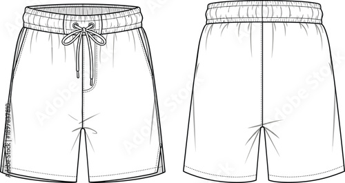 Women’s elastic waist shorts technical fashion illustration with drawstring waistband, casual summer shorts, clean line art, front and back views