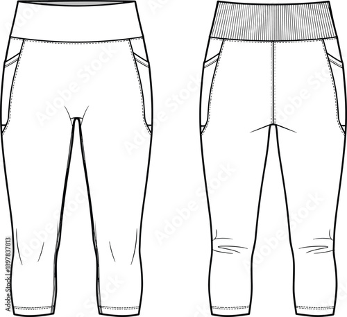 Women’s high waist jogger pants technical fashion flat, front and back view tapered casual athletic apparel illustration