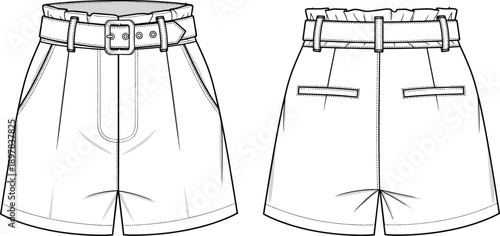 Women’s high waist paperbag shorts technical fashion flat, front and back view belted summer casual apparel illustration