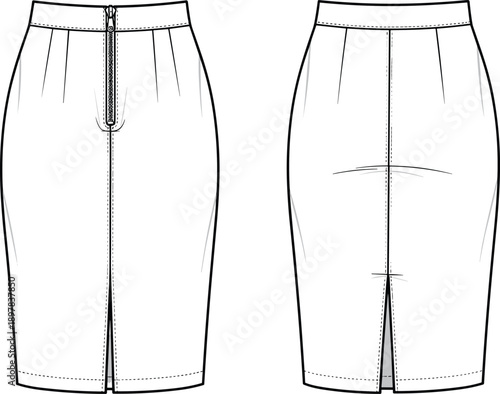Women’s high waist pencil skirt technical fashion illustration with front zipper, back slit, clean outline, front and back views