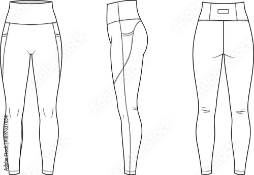 Women’s high waisted leggings technical fashion illustration with side seams and pockets, front side and back views line drawing