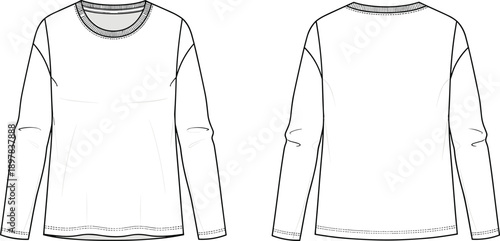 Women’s long sleeve crew neck t shirt technical fashion illustration with relaxed fit, clean line art, front and back views
