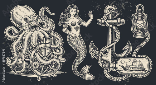 Nautical Engraving Set: Octopus with Ship Wheel, Tattooed Mermaid, Rope Anchor, and Ship in a Bottle. Vintage Sea Legends Collection.