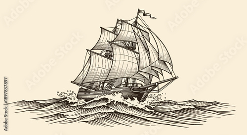 Vintage Tall Ship Engraving Sailing on Stormy Sea Waves. Antique Clipper Illustration, Nautical Adventure, Historical Voyage Woodcut Art.