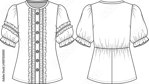 Women’s ruffle blouse technical fashion flat sketch with front and back views, button placket, puff sleeves vector