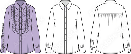 Women’s ruffle front button down shirt technical fashion flat sketch with front and back views, long sleeves vector illustration