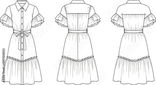 Women’s ruffle sleeve shirt dress technical fashion flat, front and back view belted midi apparel outline illustration