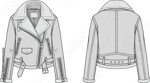Women’s shearling biker jacket technical fashion flat, front and back view winter outerwear coat detailed outline illustration