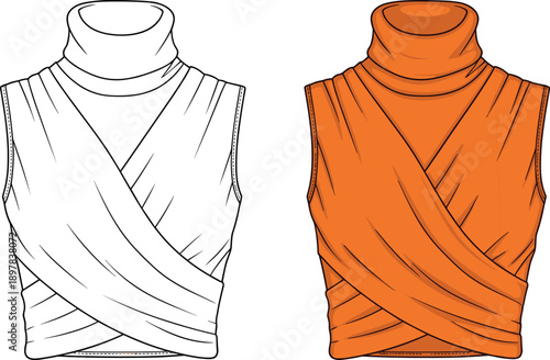 Women’s sleeveless draped turtleneck top fashion illustration wrap front design flat sketch in two color variations isolated