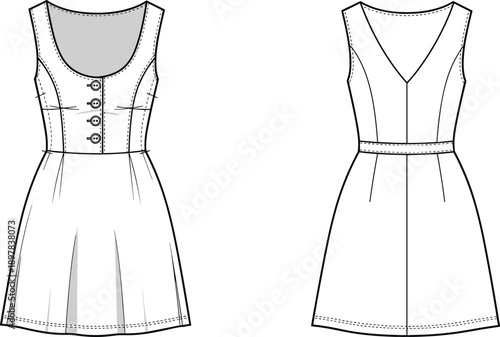 Women’s sleeveless dress technical fashion illustration with fitted bodice, button detail, flared skirt, front and back flat views