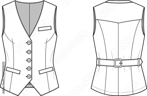 Women’s tailored vest waistcoat technical fashion illustration with button front and back belt detail flat views isolated