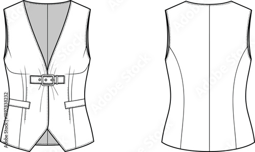 Women’s tailored vest waistcoat technical fashion illustration with belt buckle detail, sleeveless fitted gilet, front and back views