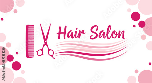 Hair Salon Vector Illustration with Scissors, Comb, and Abstract Pink Hair Waves, Beauty Shop Logo Design Element on White Background