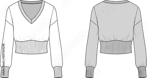 Women’s V neck cropped sweater technical fashion flat, front and back view long sleeve knitwear apparel illustration