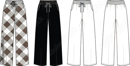 Women’s wide leg lounge pants technical fashion illustration with elastic drawstring waist, plaid and solid variations, casual trousers, front views