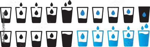 Minimalist black and white of water drop filling glass illustration . Water levels in glasses icon set. Liquid measurement service. Popular drinking water symbols on transparent.
