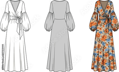 Women’s wrap maxi dress fashion illustration with balloon sleeves front and back flat views plus floral print variation