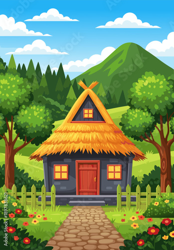 Charming thatched cottage nestled in a vibrant green countryside, a delightful vector illustration capturing rural life with blooming flowers and rolling hills