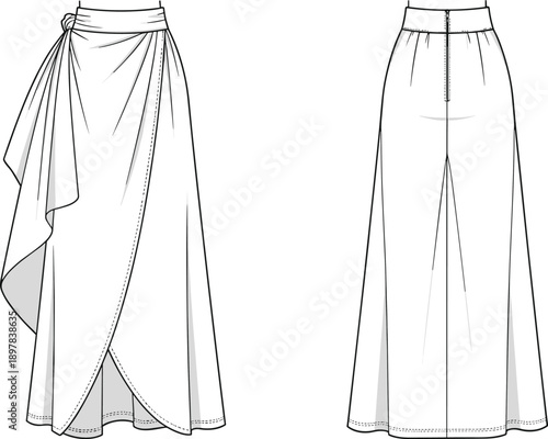 Wrap maxi skirt technical fashion flat sketch with front and back views, tied waist drape detail, vector illustration
