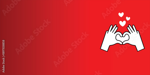 Red background featuring white hands forming heart shape with floating hearts conveying love romance emotion high-quality professional illustration design