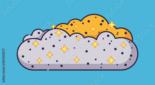 Charming vector illustration of a whimsical cloud filled with golden sparkles and stars against a bright blue background, perfect for magical themes