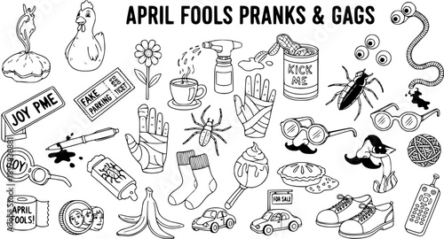 April Fools Pranks and Gags Black and White Line Art Vector Icons