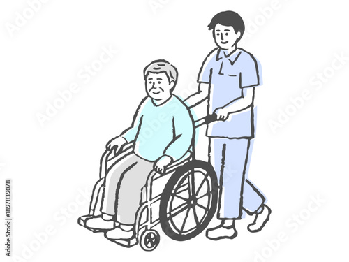 車椅子に乗った高齢男性と介助する男性スタッフのイラスト（介護・福祉イメージ）
