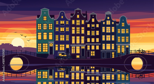 vector illustration of Amsterdam canal houses at sunset with reflection in water