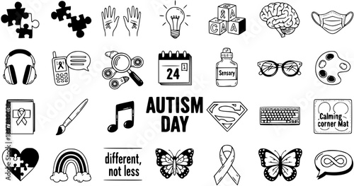 Black and White Line Art Icons for Autism Awareness Day: Puzzles, Brain, Headphones, Calendar, Butterflies, Sensory Bottle
