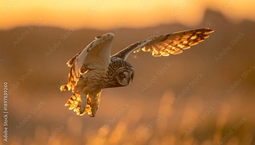 Obraz premium Bird of prey in mid-flight, bathed in warm, golden sunset light