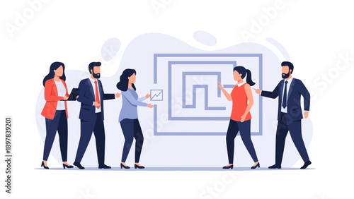 Business team solving maze puzzle, teamwork and strategy concept
