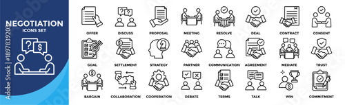 Negotiation icon set collection. pack contain deal, agreement, talk, discuss, bargain, contract, offer, terms, collaboration, partner