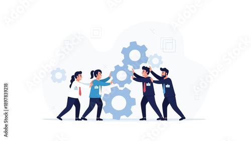 Teamwork assembling gears, business collaboration, efficiency, success concept illustration