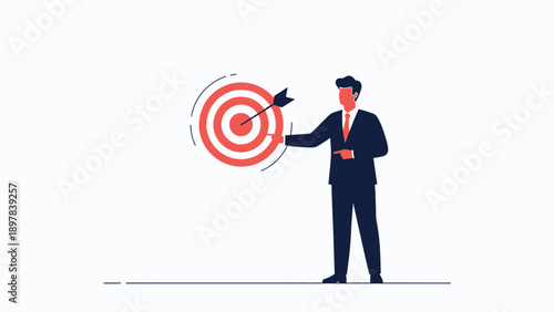 Businessman hitting bullseye on target with arrow, symbolizing success and achievement