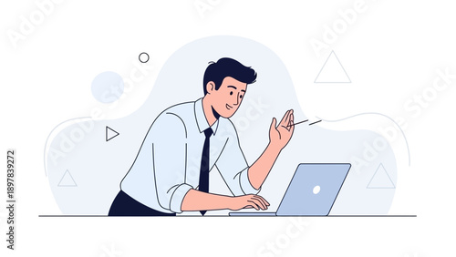 Man working on laptop, video call, online meeting, remote work, business illustration