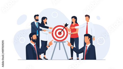 Teamwork aiming for target, business strategy and goal achievement concept