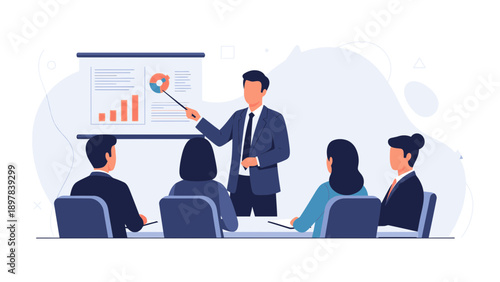Business presentation with charts on screen and team meeting