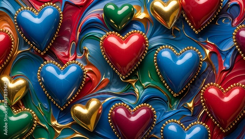 Vibrant 3D Glossy Heart Pattern on Abstract Fluid Oil Paint Background, Luxury Colorful Hearts with Gold Beaded Edges for Romantic Valentine's Day Design, Artistic Love Symbol Wallpaper