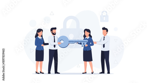 Business team exchanging a key, concept of success, security, and partnership