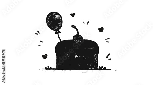 Eine einfache schwarze Illustration eines Kuchens mit einem Ballon und Kirsche, transparent