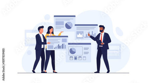 Business Team Analyzing Financial Data and Charts on Screens