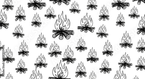 Camping Fire Line Art Pattern, Graphic Design, Outdoor Adventure, Nature Illustration